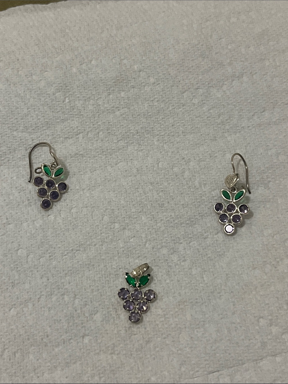 Silver Grape Cluster Earrings and Pendant Set with Green Leaves